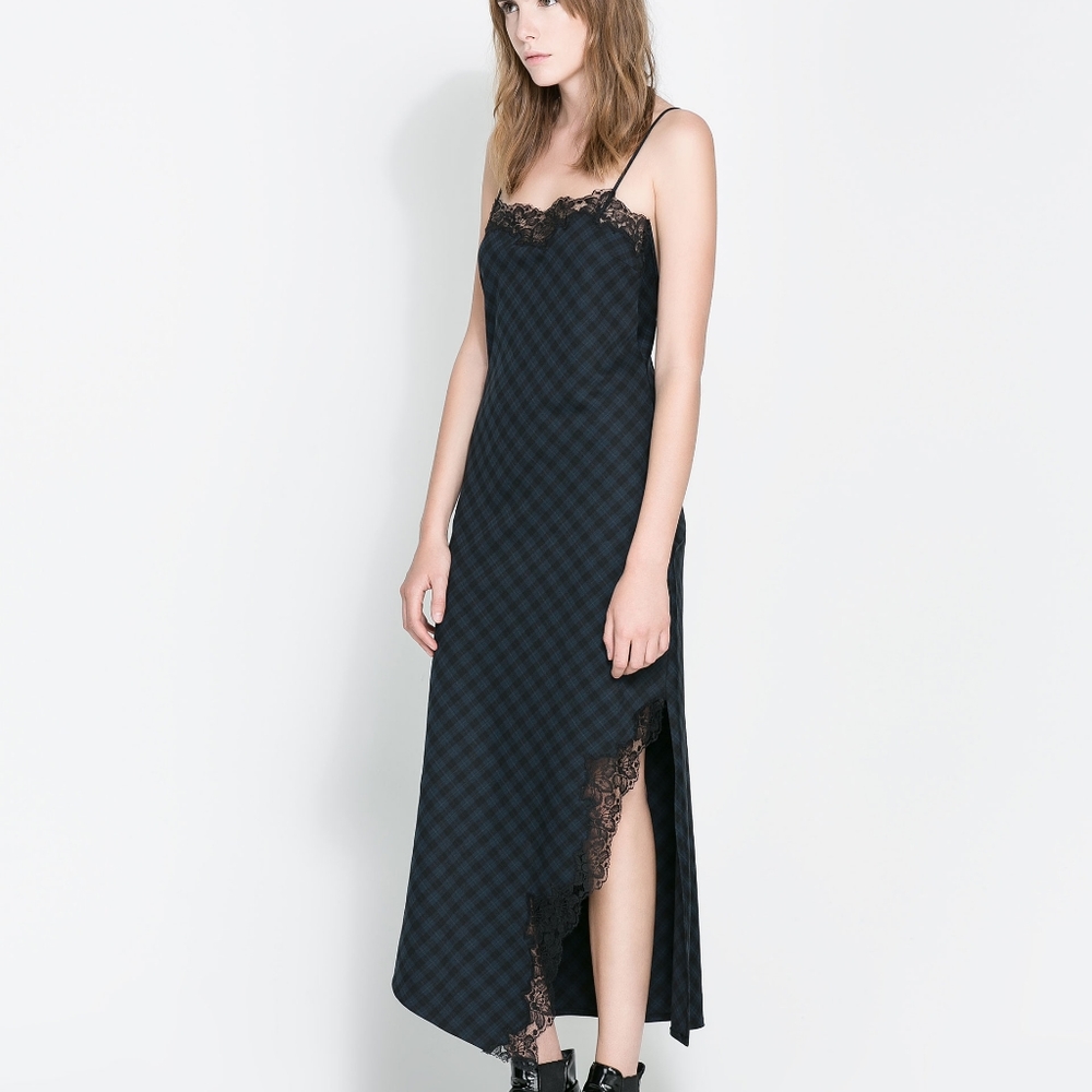 Zara TRF Maxi Tartan Slip Drees with Lace